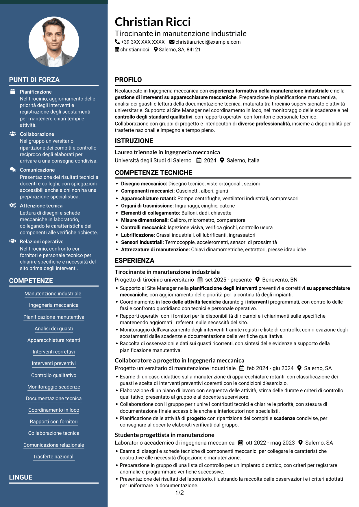 CV Elegante (formato con colonna laterale colorata e foto): Ingegnere neolaureato - Manutenzione industriale, pagina 1