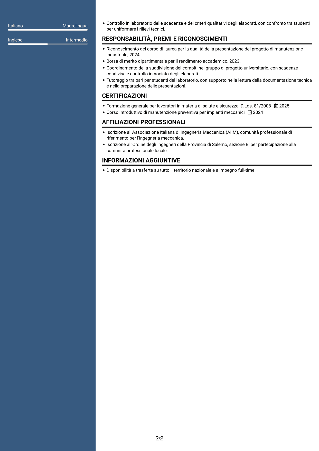 CV Elegante (formato con colonna laterale colorata e foto): Ingegnere neolaureato - Manutenzione industriale, pagina 2