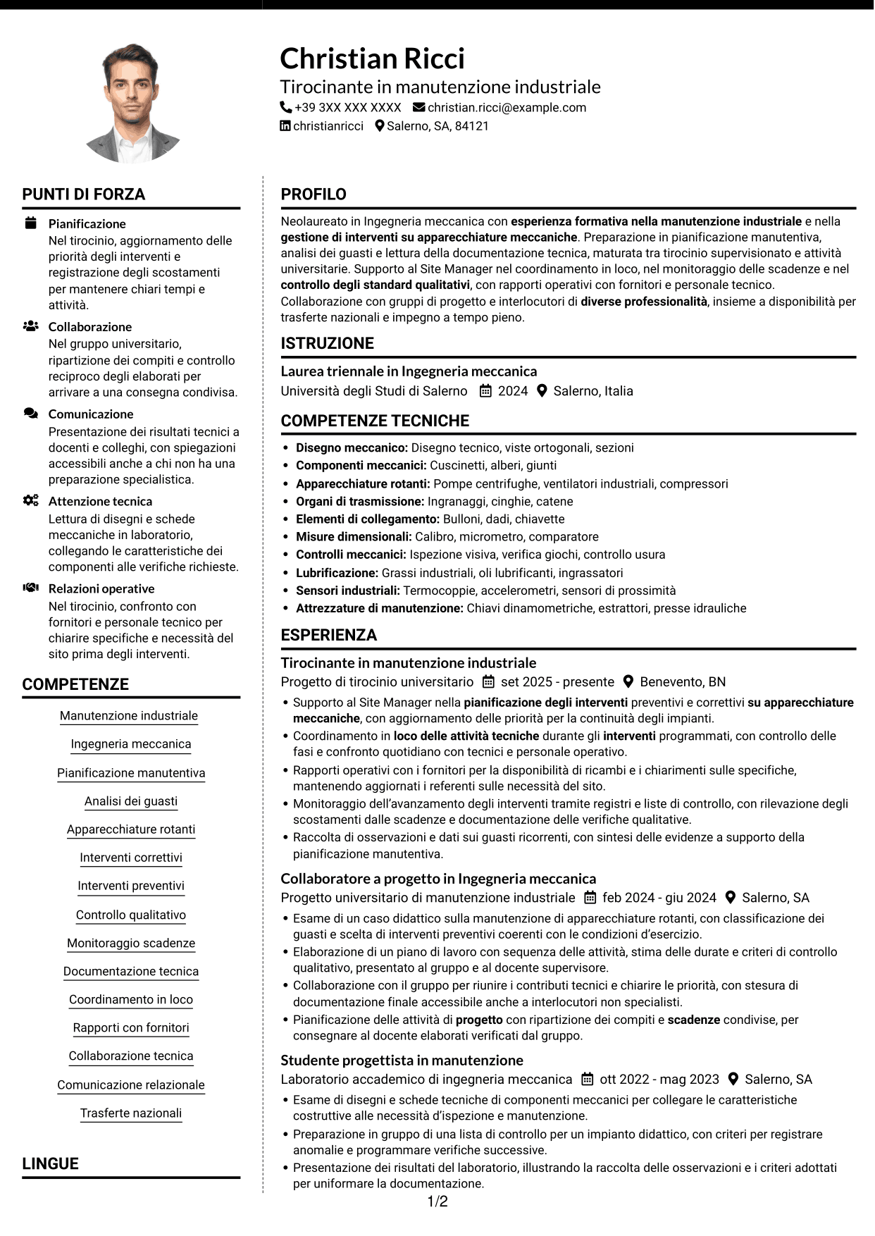 CV Moderno (formato a due colonne con foto a sinistra e separatore): Ingegnere neolaureato - Manutenzione industriale, pagina 1
