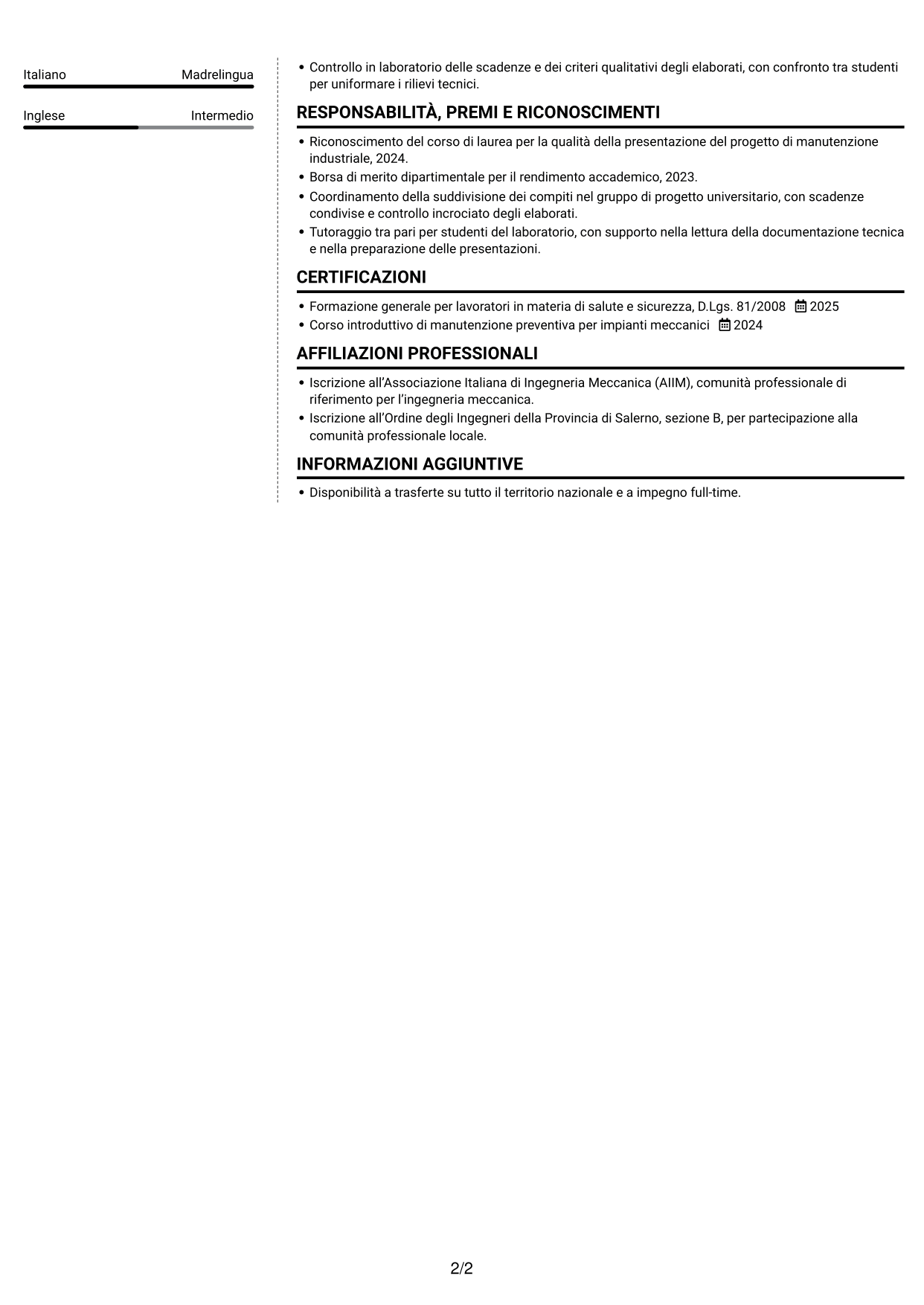 CV Moderno (formato a due colonne con foto a sinistra e separatore): Ingegnere neolaureato - Manutenzione industriale, pagina 2