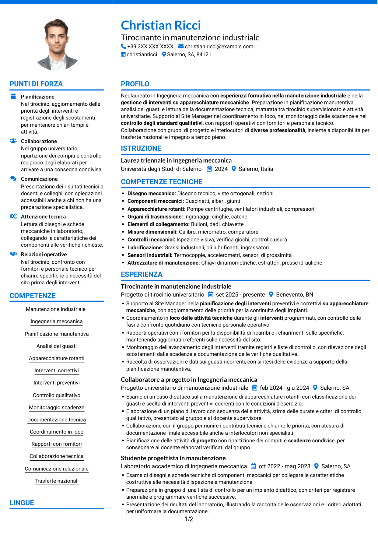 CV Audace (formato a due colonne con accenti colorati e foto): Ingegnere neolaureato - Manutenzione industriale, pagina 1