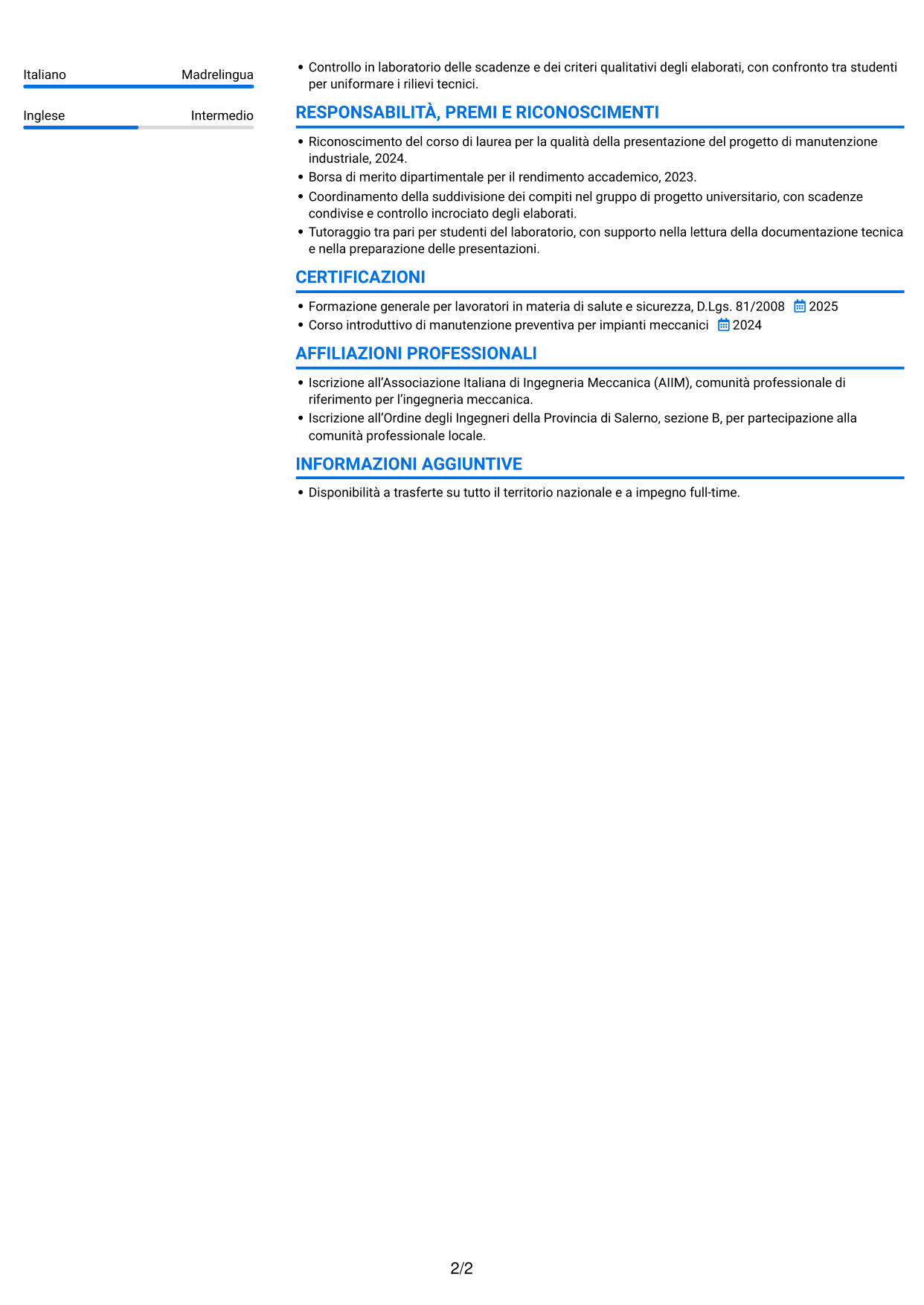 CV Audace (formato a due colonne con accenti colorati e foto): Ingegnere neolaureato - Manutenzione industriale, pagina 2