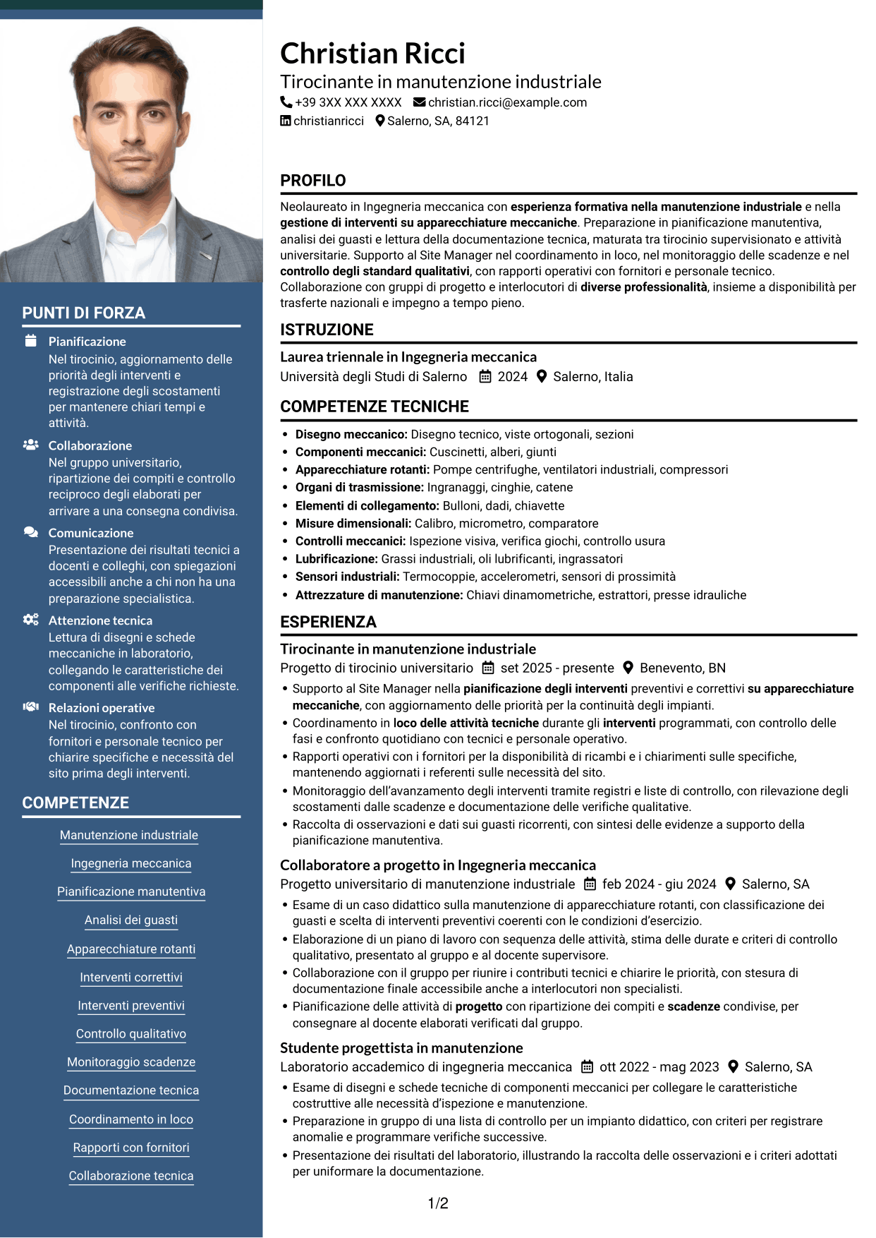 CV Signature (formato con colonna laterale colorata e foto grande): Ingegnere neolaureato - Manutenzione industriale, pagina 1