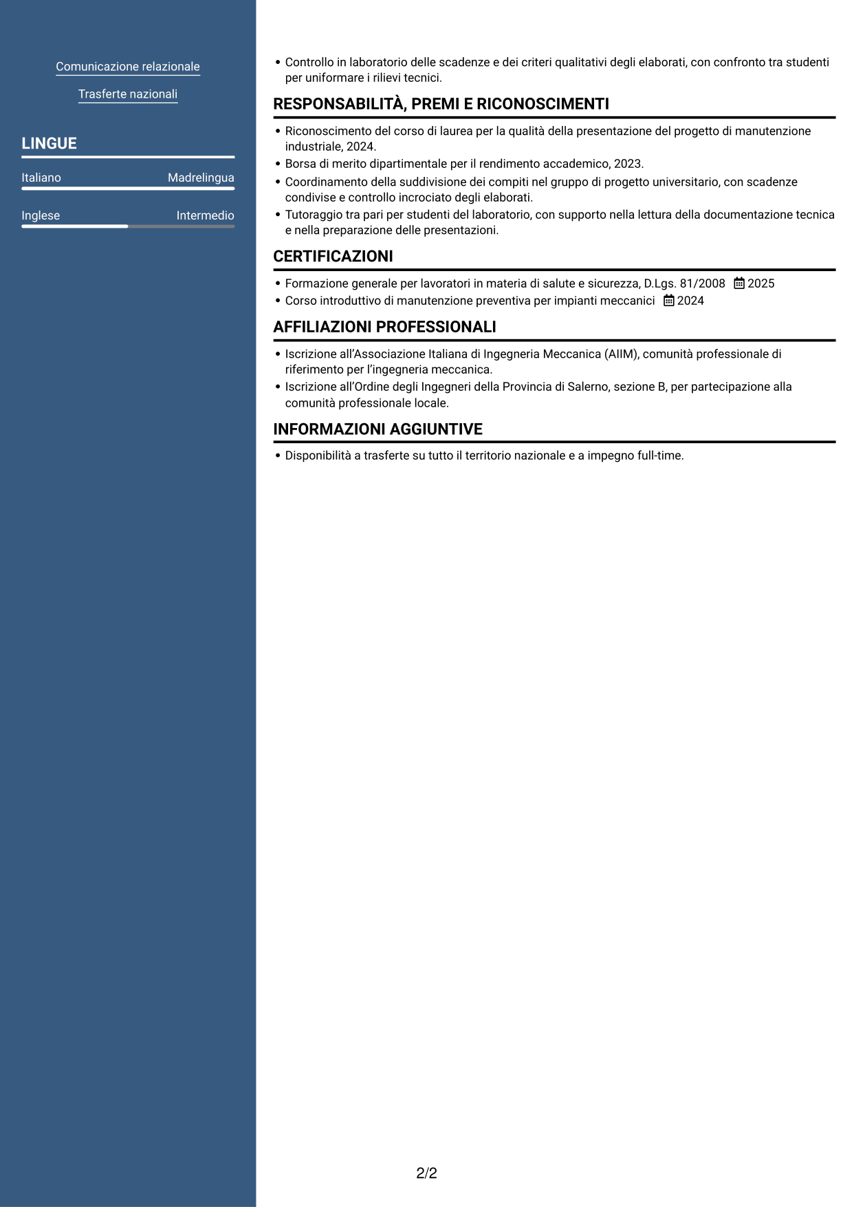 CV Signature (formato con colonna laterale colorata e foto grande): Ingegnere neolaureato - Manutenzione industriale, pagina 2