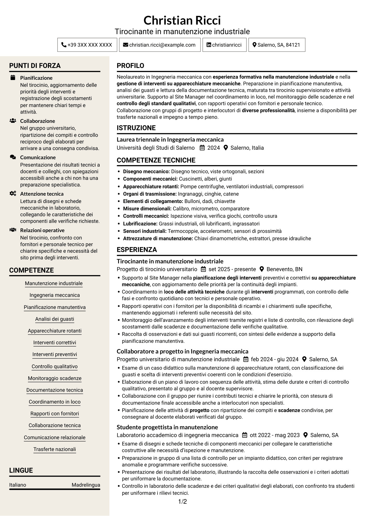 CV Intraprendente (formato a due colonne con intestazione centrata senza foto): Ingegnere neolaureato - Manutenzione industriale, pagina 1