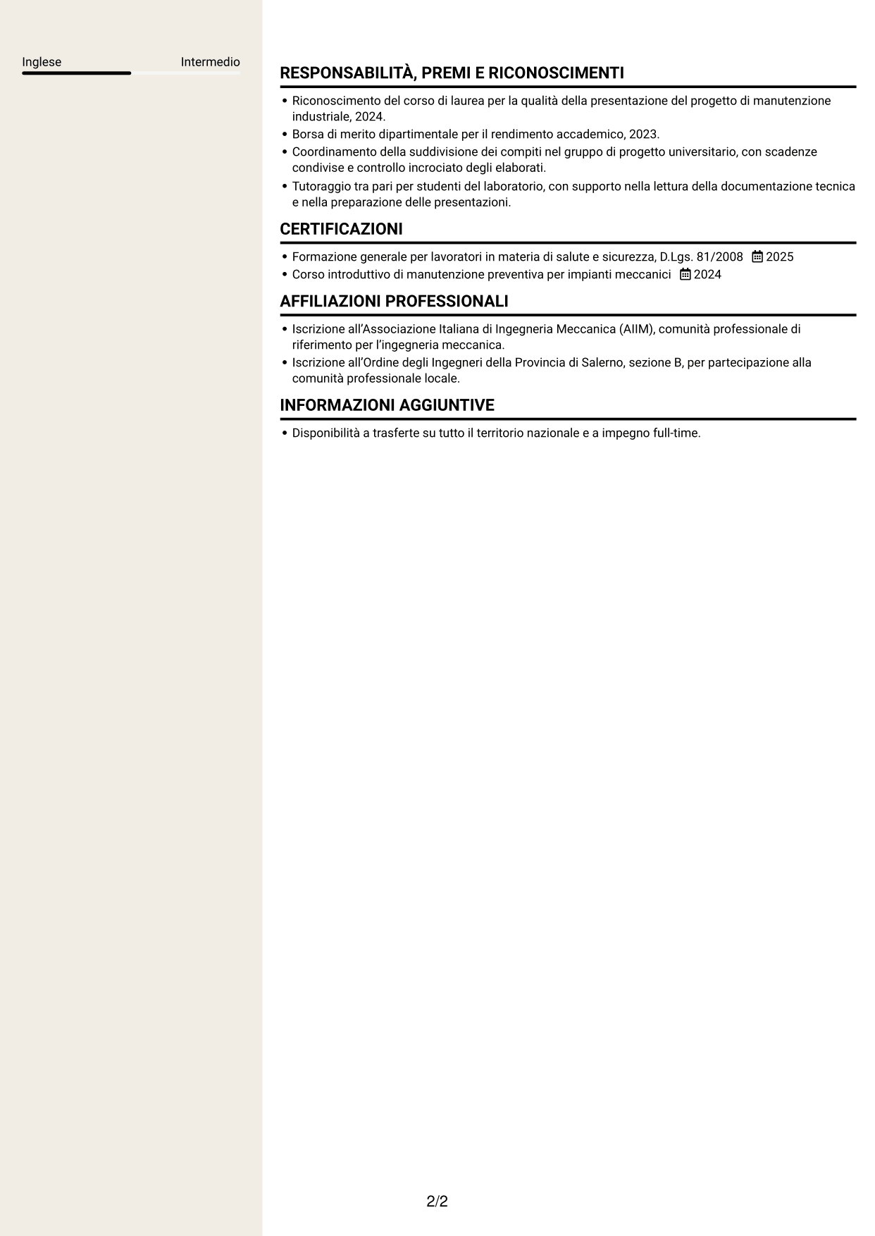 CV Intraprendente (formato a due colonne con intestazione centrata senza foto): Ingegnere neolaureato - Manutenzione industriale, pagina 2