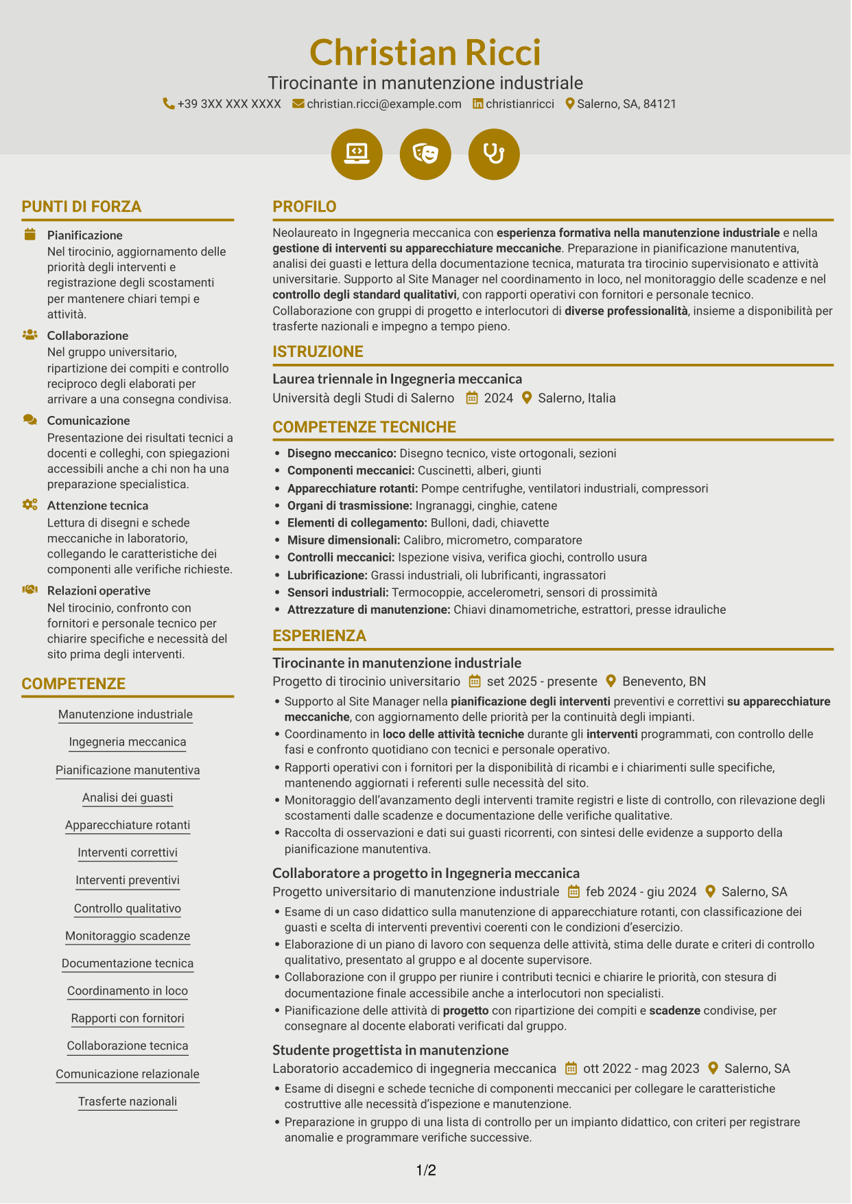 CV Dinamico (formato a due colonne con icone): Ingegnere neolaureato - Manutenzione industriale, pagina 1