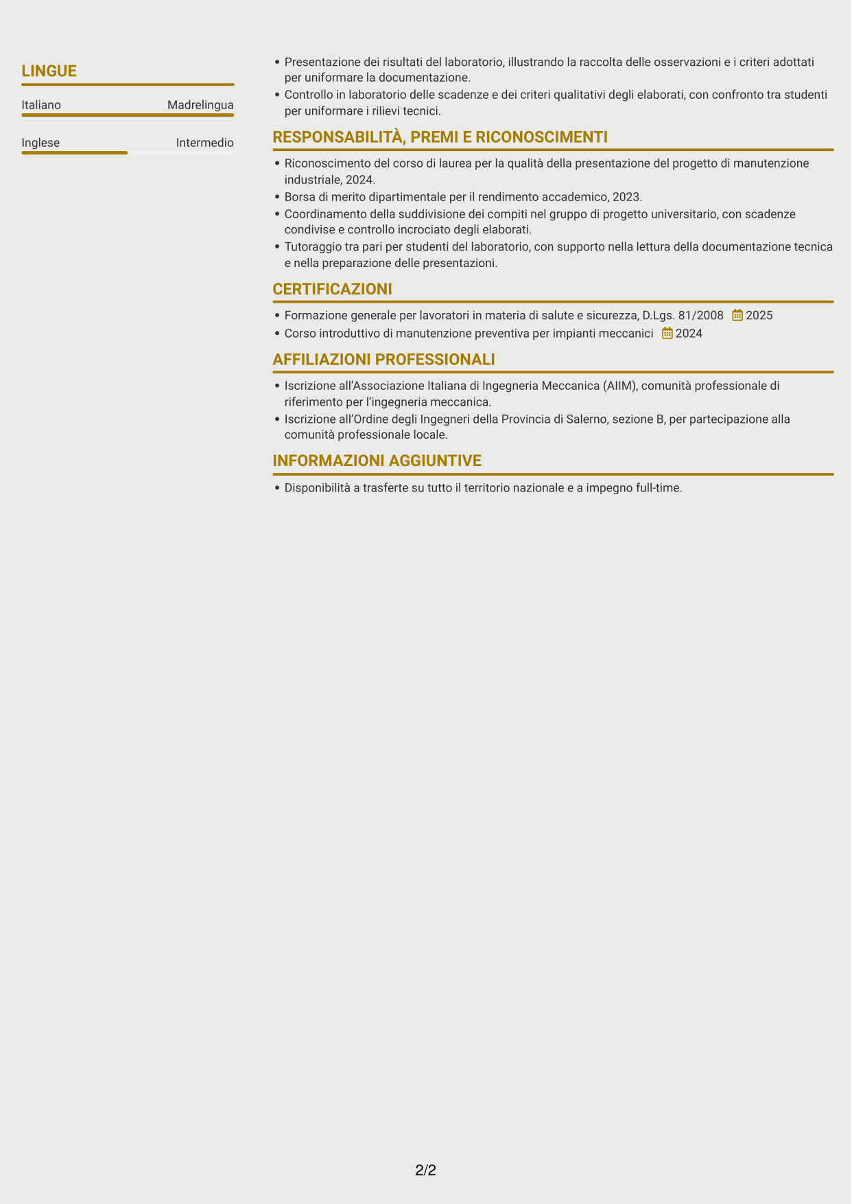 CV Dinamico (formato a due colonne con icone): Ingegnere neolaureato - Manutenzione industriale, pagina 2