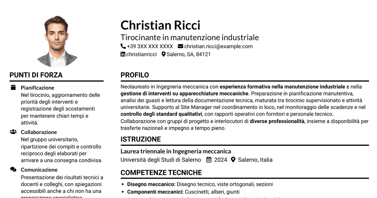 7 modelli di CV per Ingegnere neolaureato - Manutenzione industriale, con esempi