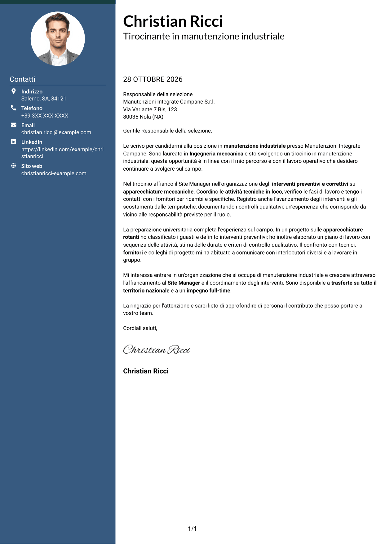 Lettera di presentazione Elegante (formato con colonna laterale colorata e foto): Ingegnere neolaureato - Manutenzione industriale, pagina 1