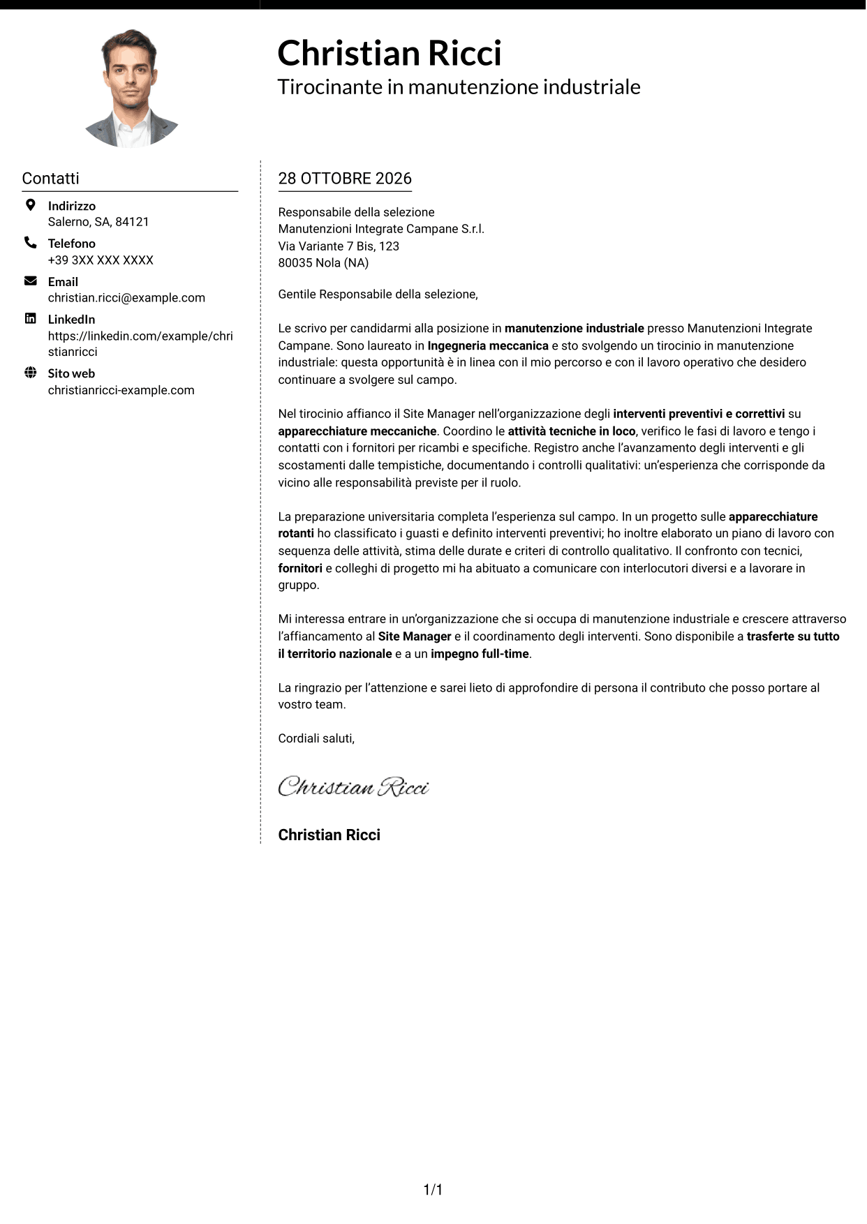 Lettera di presentazione Moderno (formato a due colonne con foto a sinistra e separatore): Ingegnere neolaureato - Manutenzione industriale, pagina 1