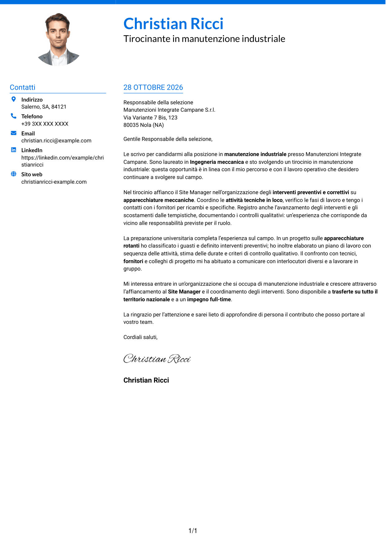 Lettera di presentazione Audace (formato a due colonne con accenti colorati e foto): Ingegnere neolaureato - Manutenzione industriale, pagina 1