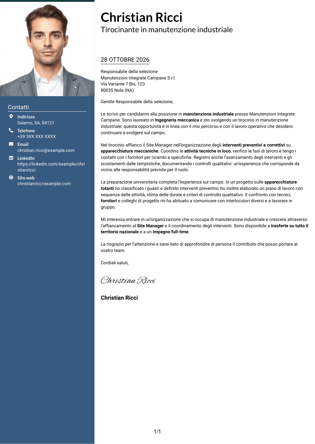 Lettera di presentazione Signature (formato con colonna laterale colorata e foto grande): Ingegnere neolaureato - Manutenzione industriale, pagina 1