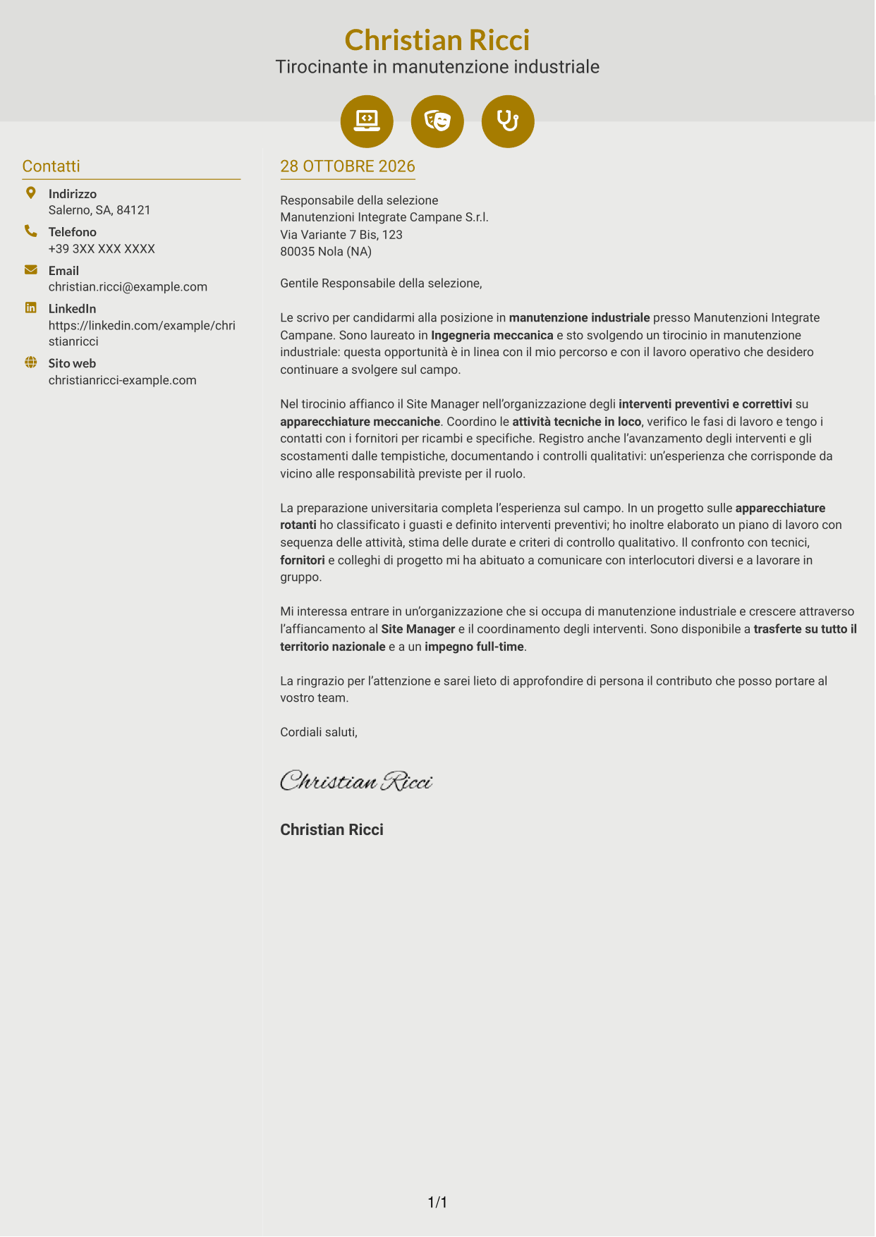 Lettera di presentazione Dinamico (formato a due colonne con icone): Ingegnere neolaureato - Manutenzione industriale, pagina 1