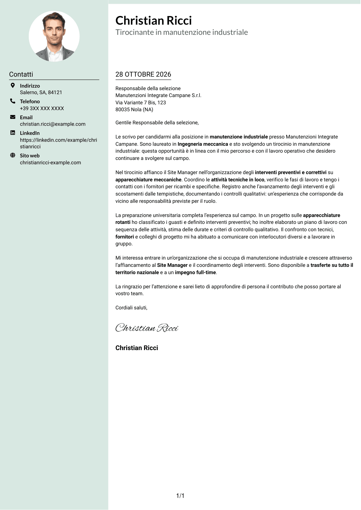 Lettera di presentazione Dirigente (formato con colonna laterale tenue e foto arrotondata): Ingegnere neolaureato - Manutenzione industriale, pagina 1