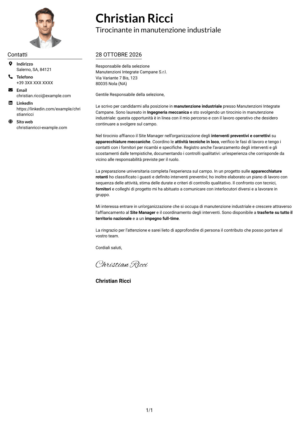 Esempio di lettera di presentazione — pagina 1