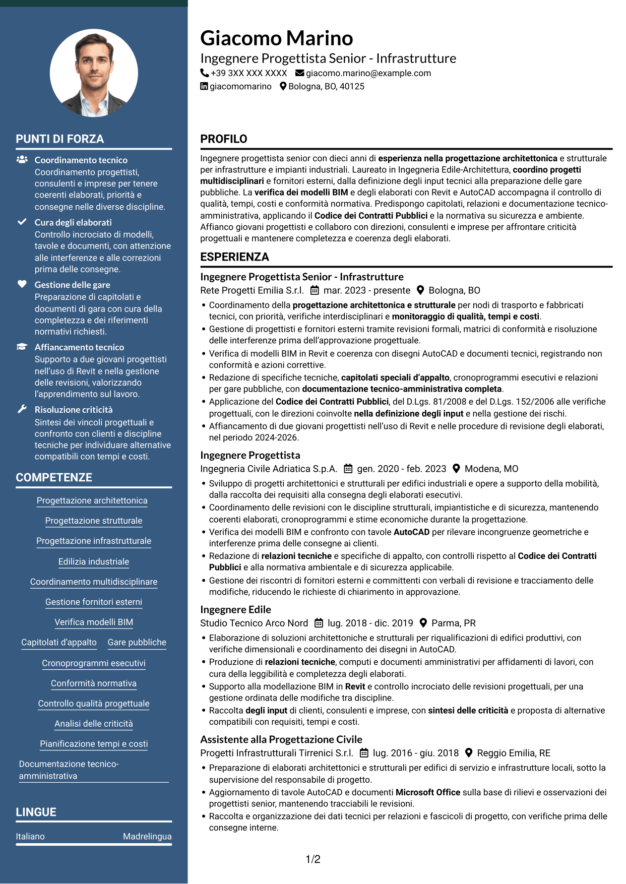CV Elegante (formato con colonna laterale colorata e foto): Ingegnere Progettista Senior - Infrastrutture, pagina 1