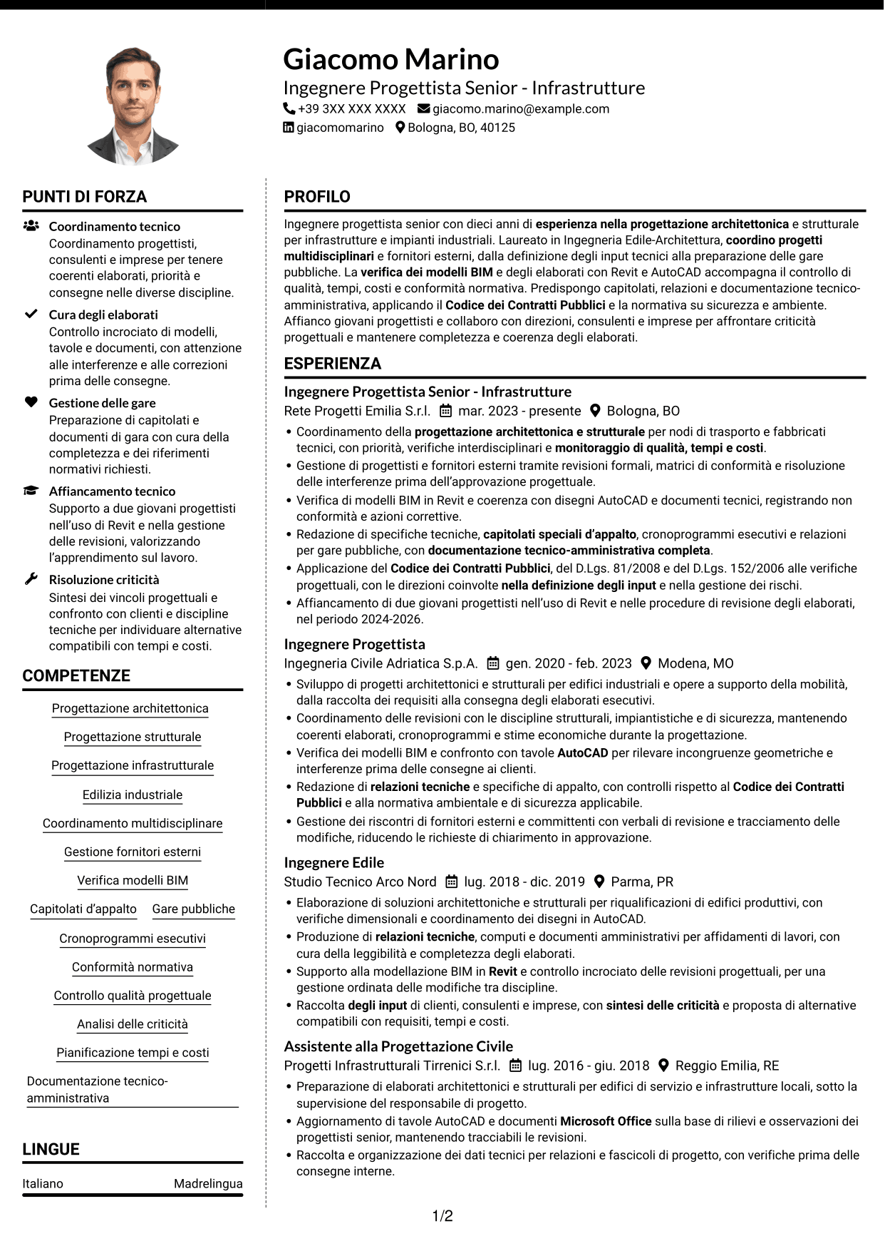 CV Moderno (formato a due colonne con foto a sinistra e separatore): Ingegnere Progettista Senior - Infrastrutture, pagina 1