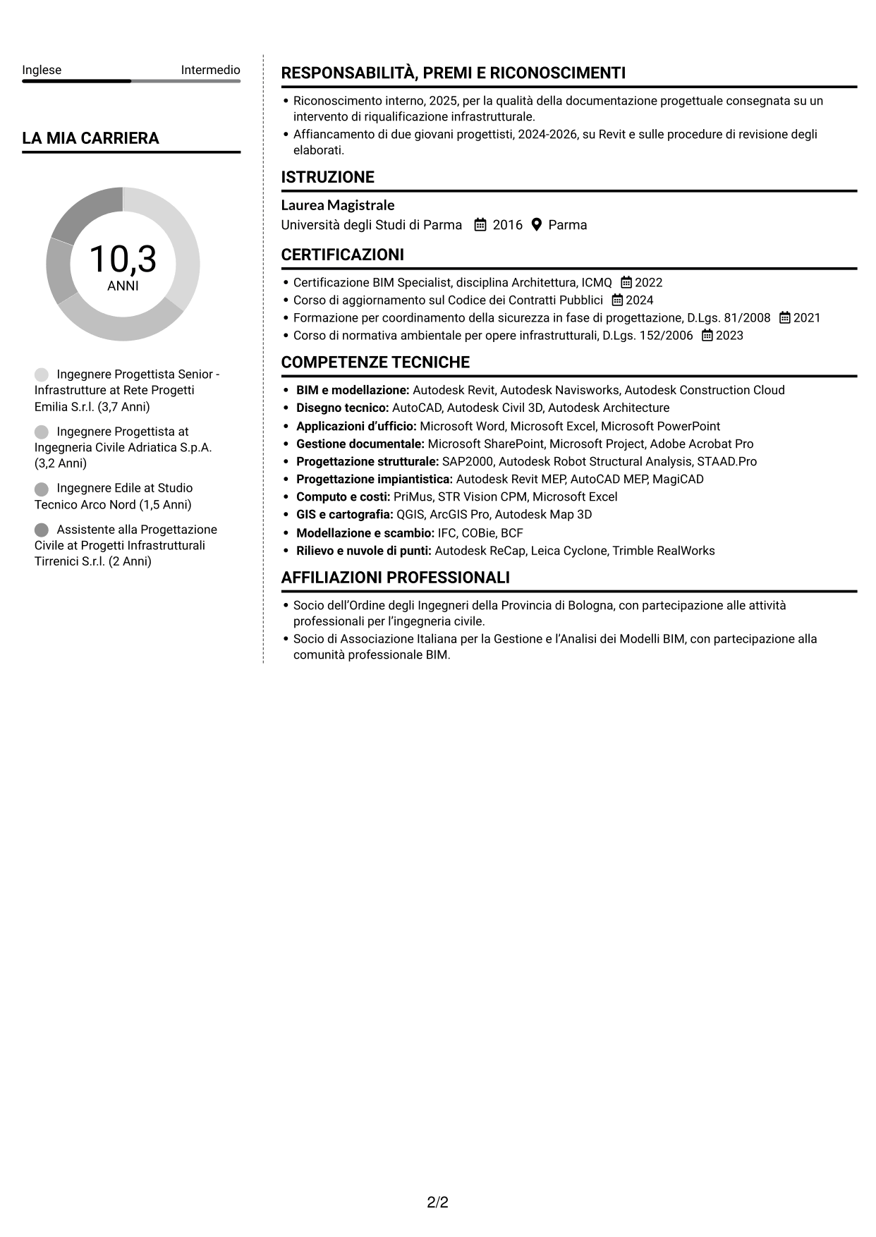 CV Moderno (formato a due colonne con foto a sinistra e separatore): Ingegnere Progettista Senior - Infrastrutture, pagina 2