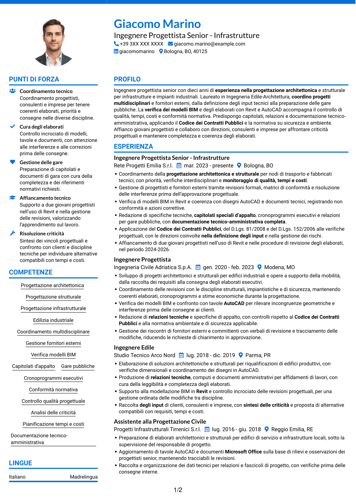 CV Audace (formato a due colonne con accenti colorati e foto): Ingegnere Progettista Senior - Infrastrutture, pagina 1
