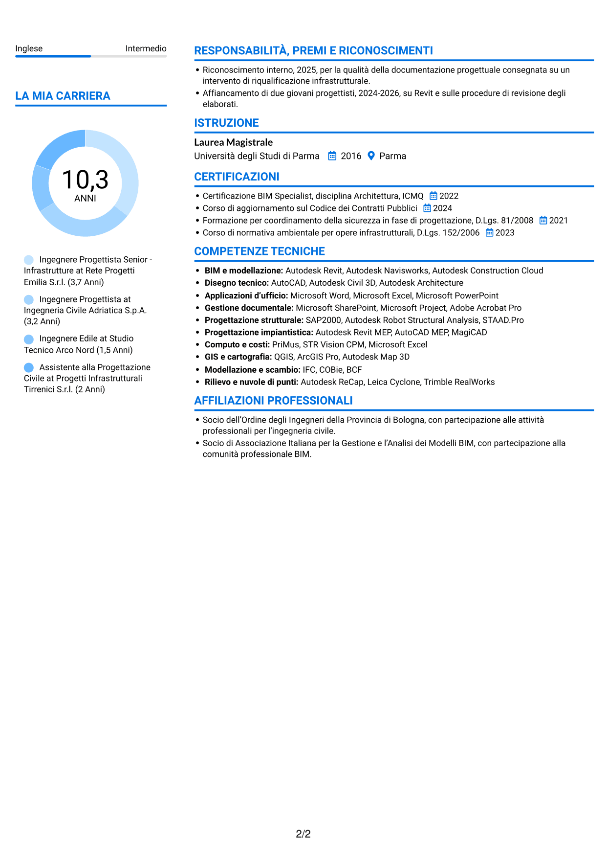 CV Audace (formato a due colonne con accenti colorati e foto): Ingegnere Progettista Senior - Infrastrutture, pagina 2