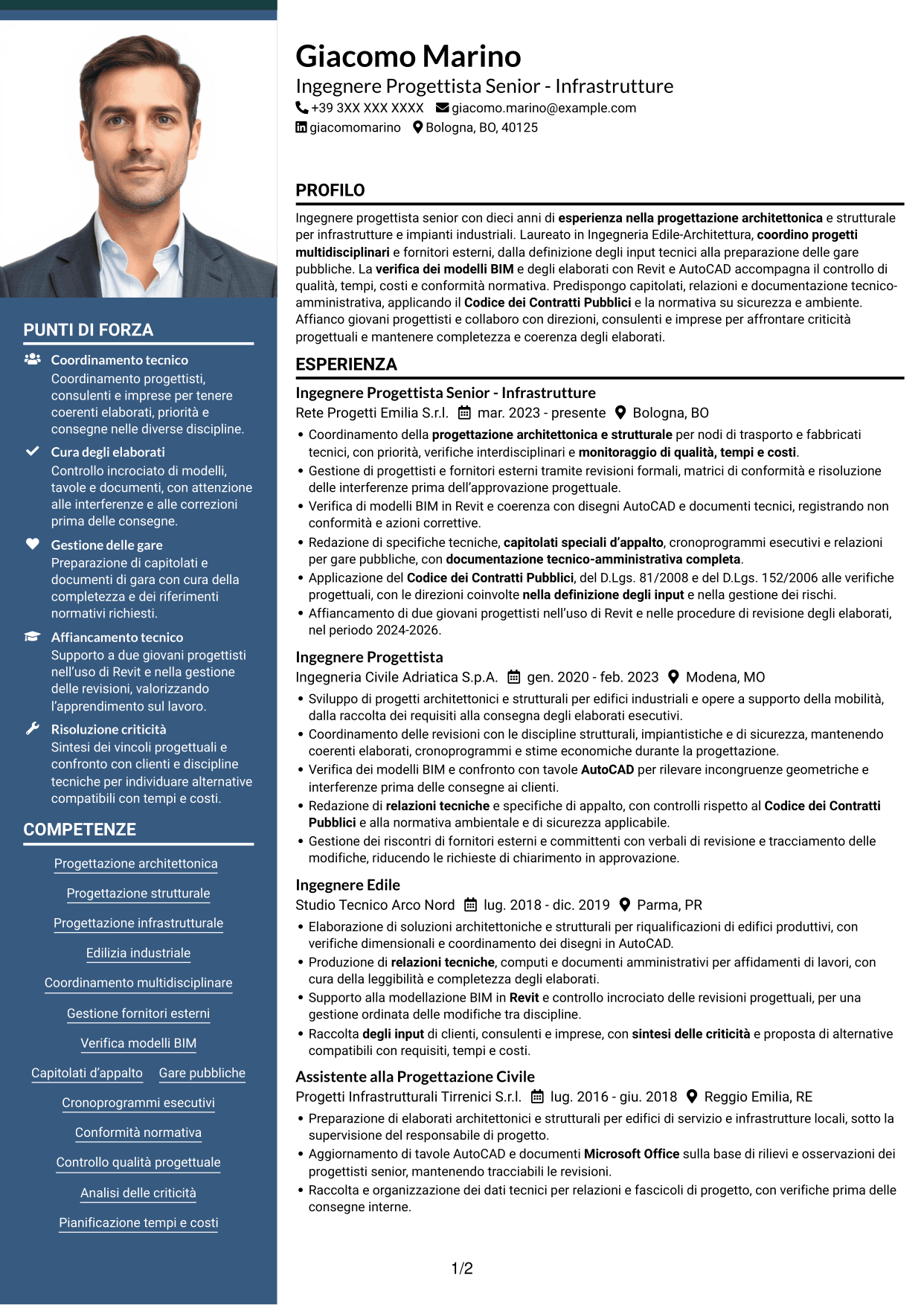 CV Signature (formato con colonna laterale colorata e foto grande): Ingegnere Progettista Senior - Infrastrutture, pagina 1