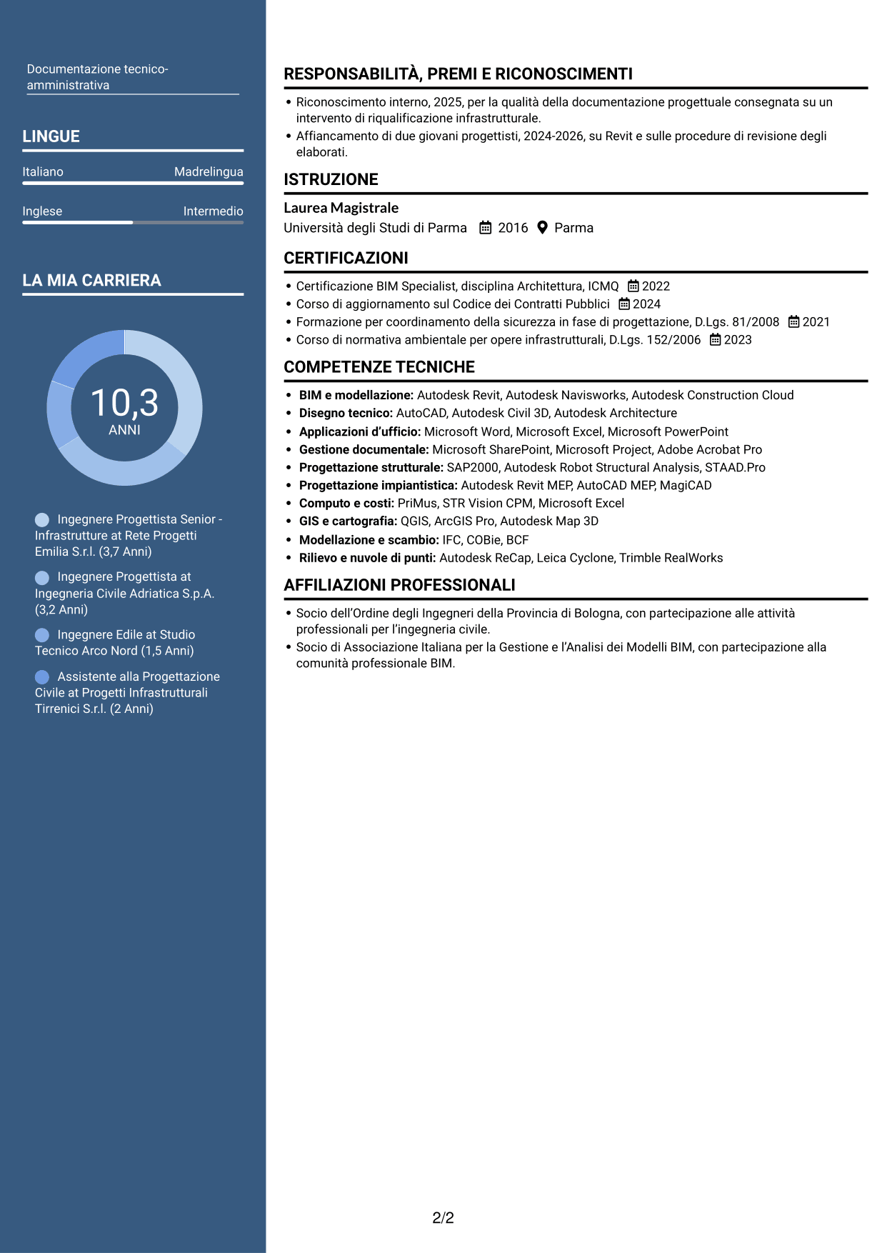 CV Signature (formato con colonna laterale colorata e foto grande): Ingegnere Progettista Senior - Infrastrutture, pagina 2