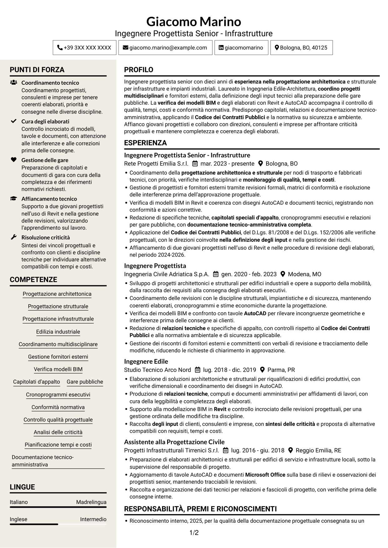 CV Intraprendente (formato a due colonne con intestazione centrata senza foto): Ingegnere Progettista Senior - Infrastrutture, pagina 1