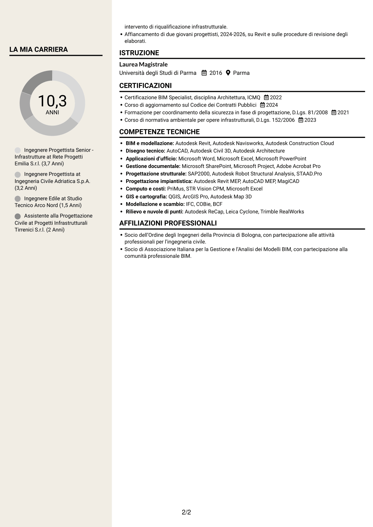 CV Intraprendente (formato a due colonne con intestazione centrata senza foto): Ingegnere Progettista Senior - Infrastrutture, pagina 2