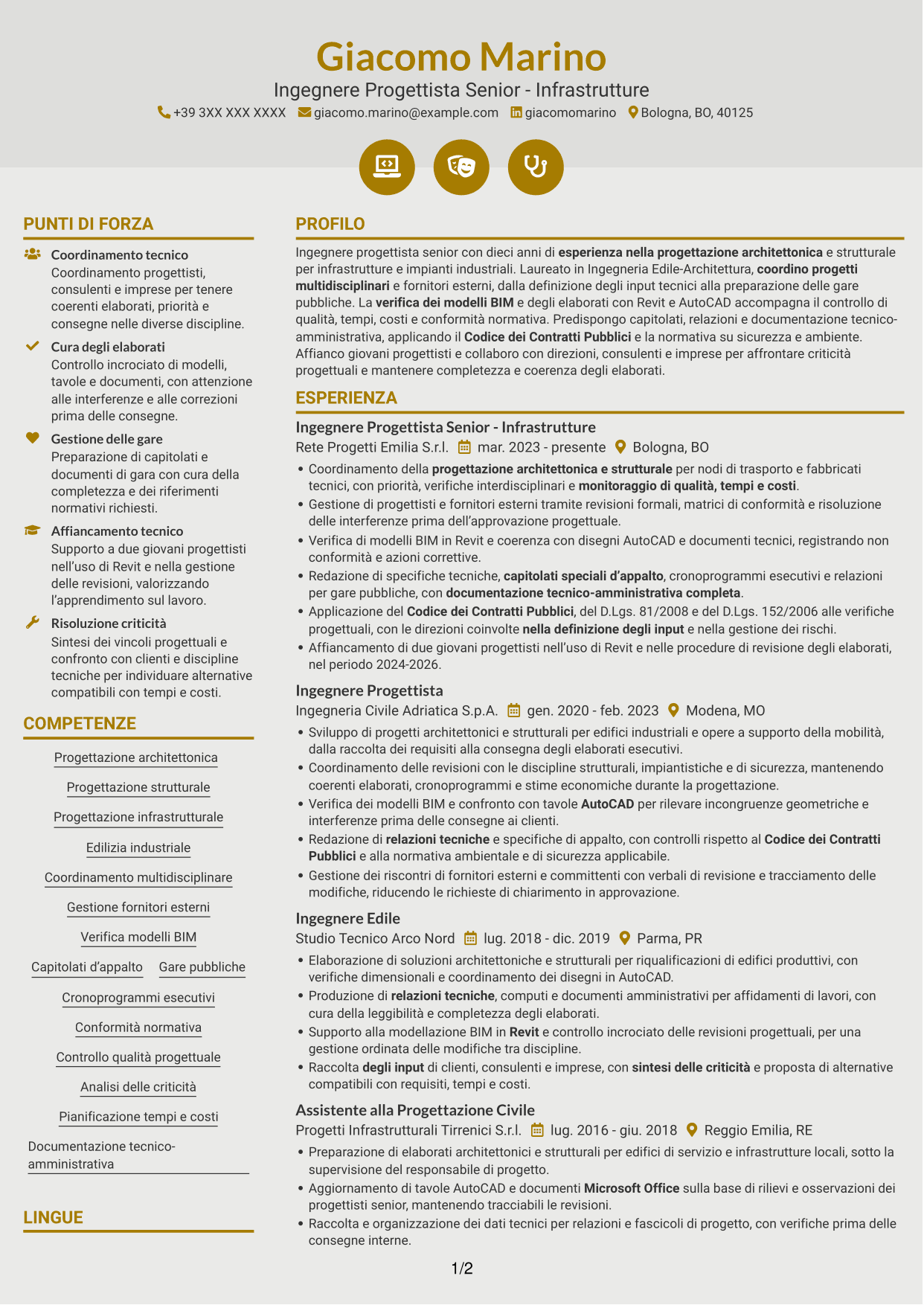 CV Dinamico (formato a due colonne con icone): Ingegnere Progettista Senior - Infrastrutture, pagina 1