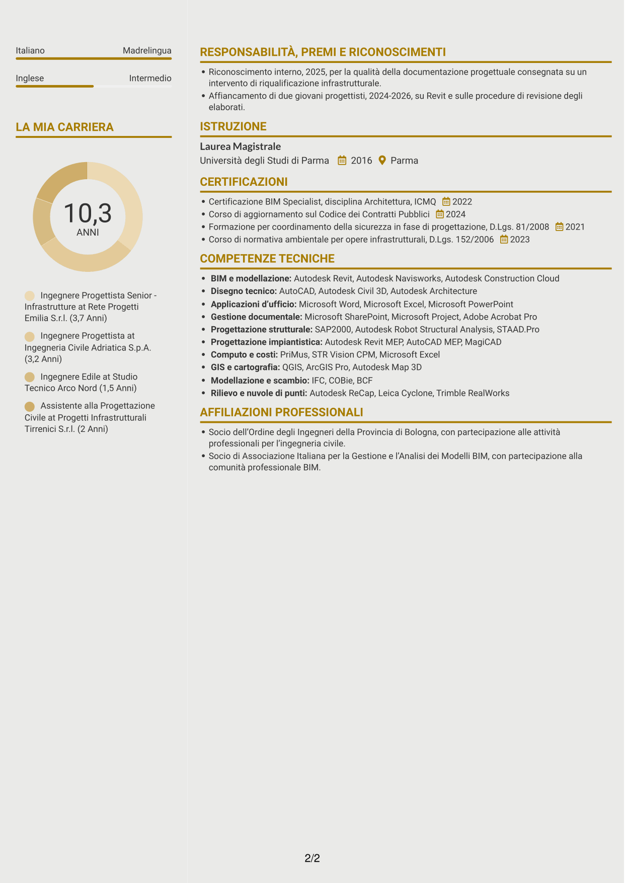CV Dinamico (formato a due colonne con icone): Ingegnere Progettista Senior - Infrastrutture, pagina 2