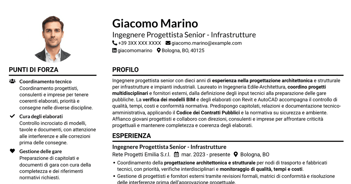 7 modelli di CV per Ingegnere Progettista Senior - Infrastrutture, con esempi