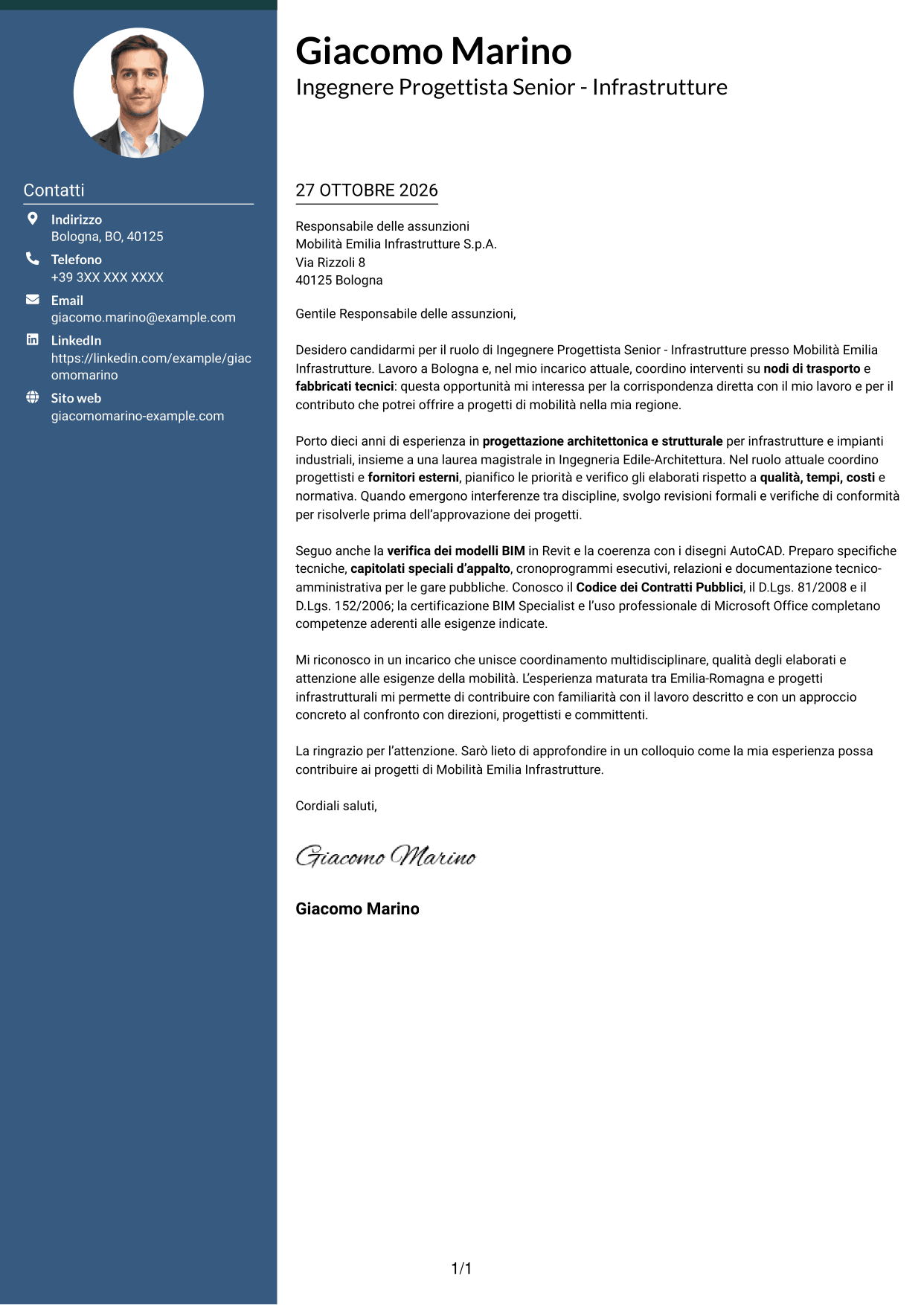 Lettera di presentazione Elegante (formato con colonna laterale colorata e foto): Ingegnere Progettista Senior - Infrastrutture, pagina 1