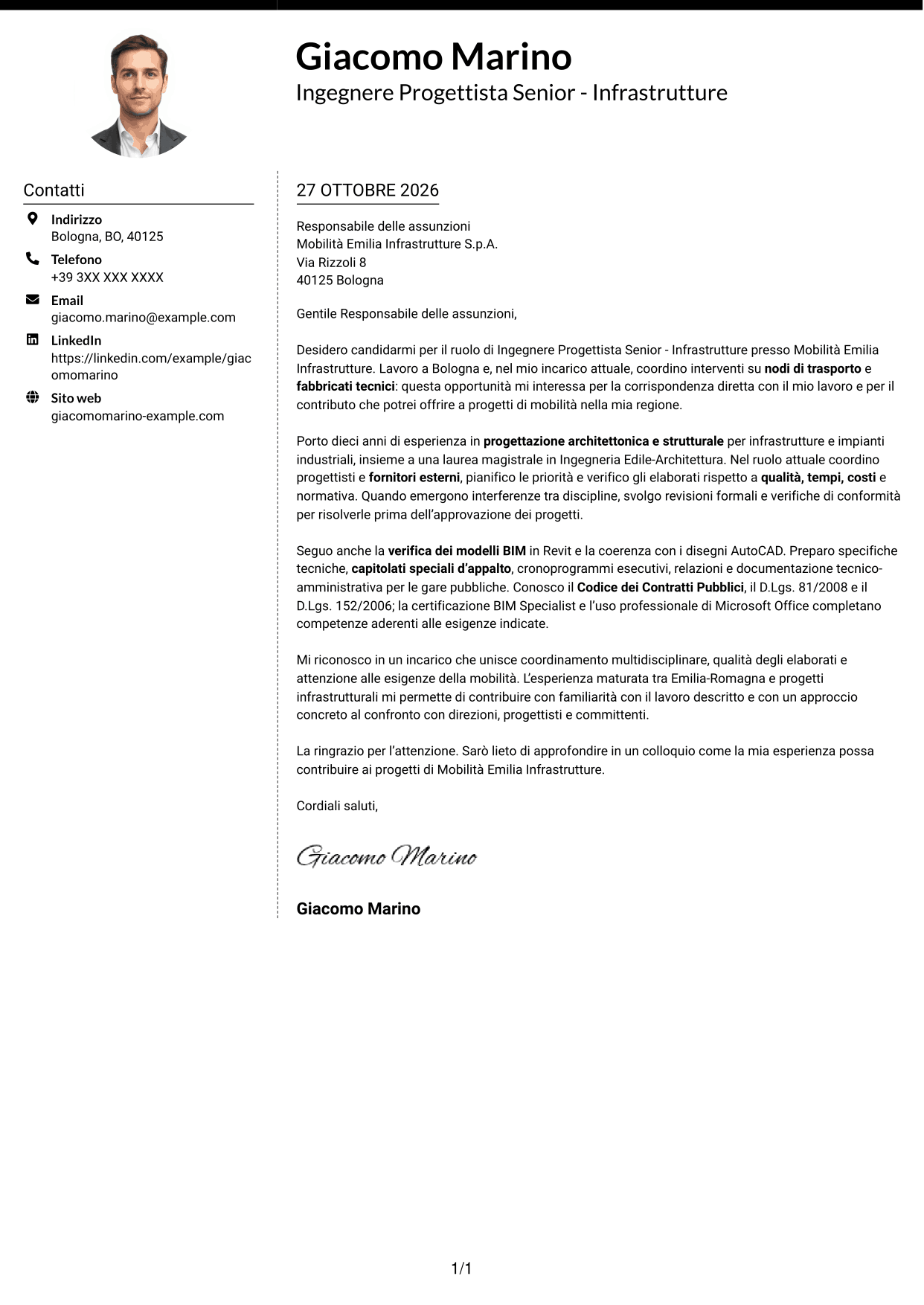 Lettera di presentazione Moderno (formato a due colonne con foto a sinistra e separatore): Ingegnere Progettista Senior - Infrastrutture, pagina 1