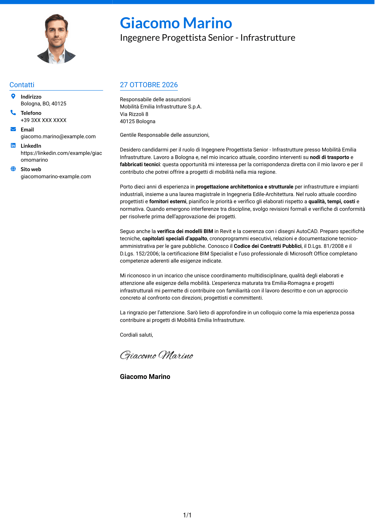 Lettera di presentazione Audace (formato a due colonne con accenti colorati e foto): Ingegnere Progettista Senior - Infrastrutture, pagina 1