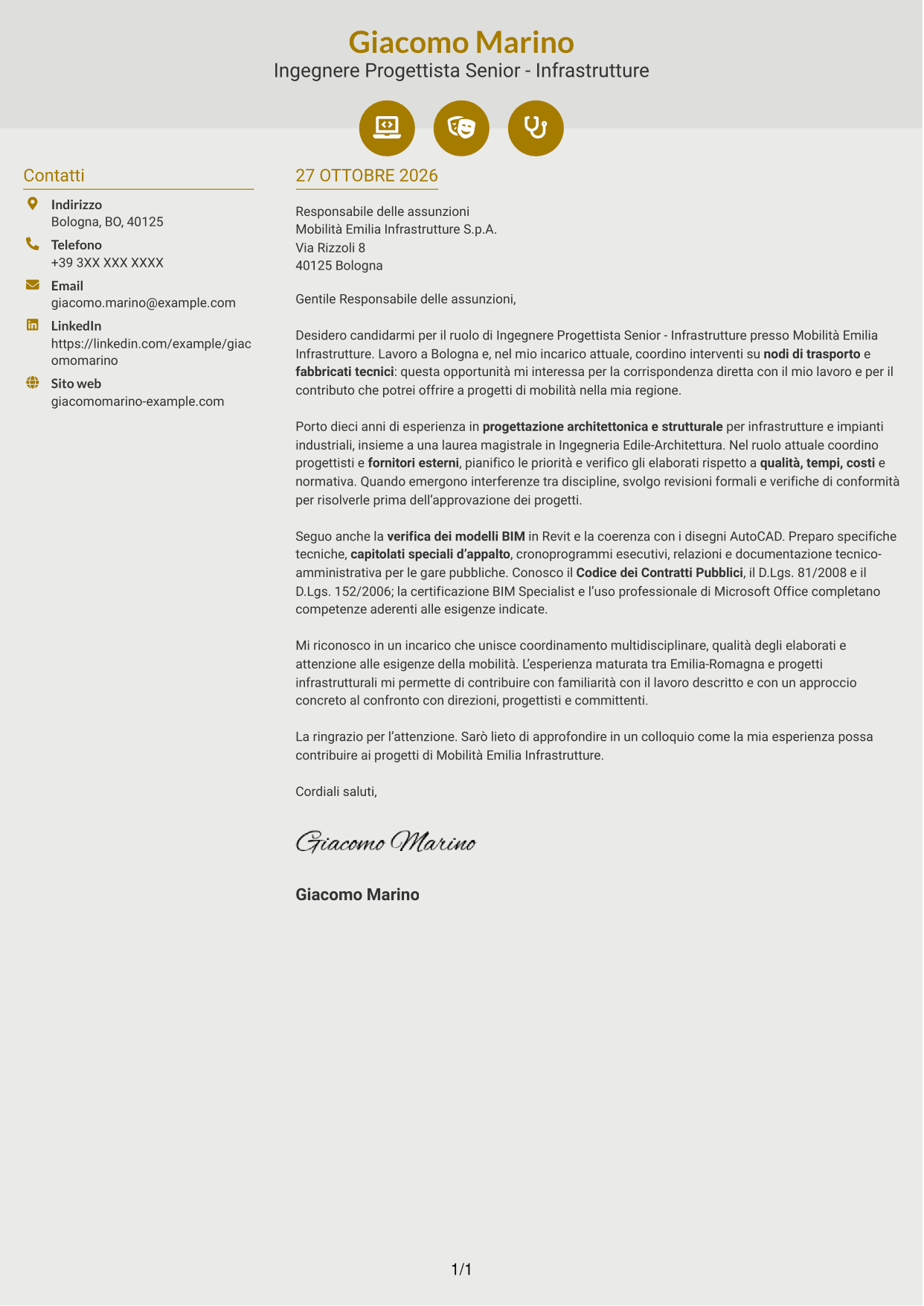Lettera di presentazione Dinamico (formato a due colonne con icone): Ingegnere Progettista Senior - Infrastrutture, pagina 1