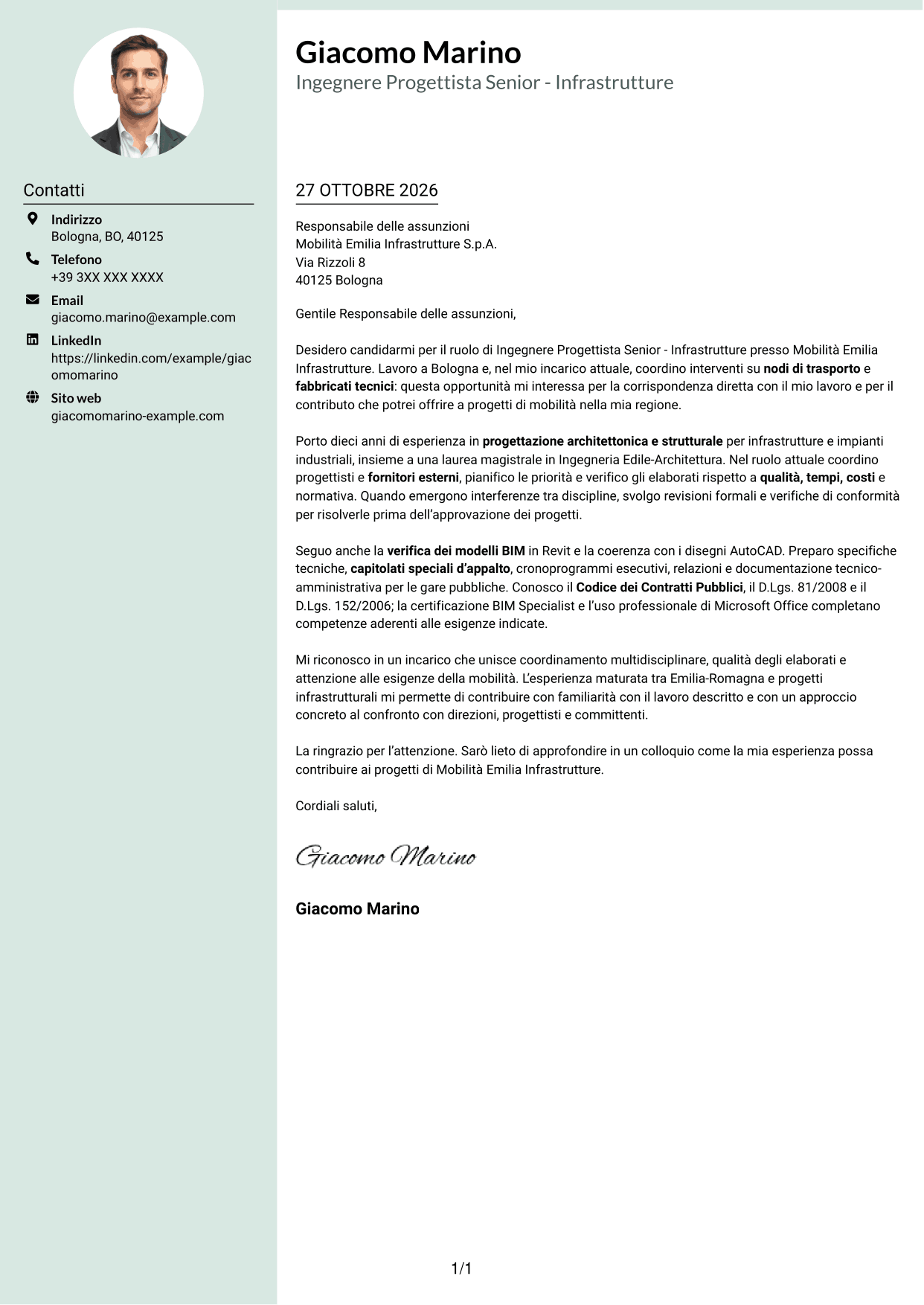 Lettera di presentazione Dirigente (formato con colonna laterale tenue e foto arrotondata): Ingegnere Progettista Senior - Infrastrutture, pagina 1