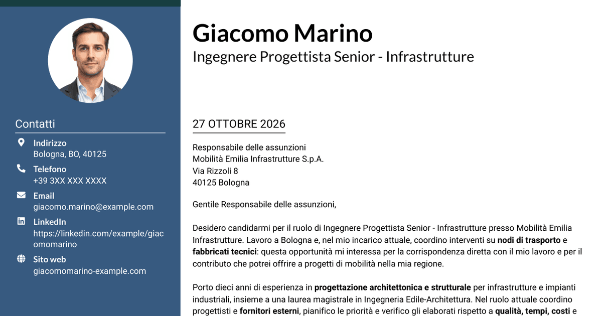 7 modelli di lettera di presentazione per Ingegnere Progettista Senior - Infrastrutture, con esempi