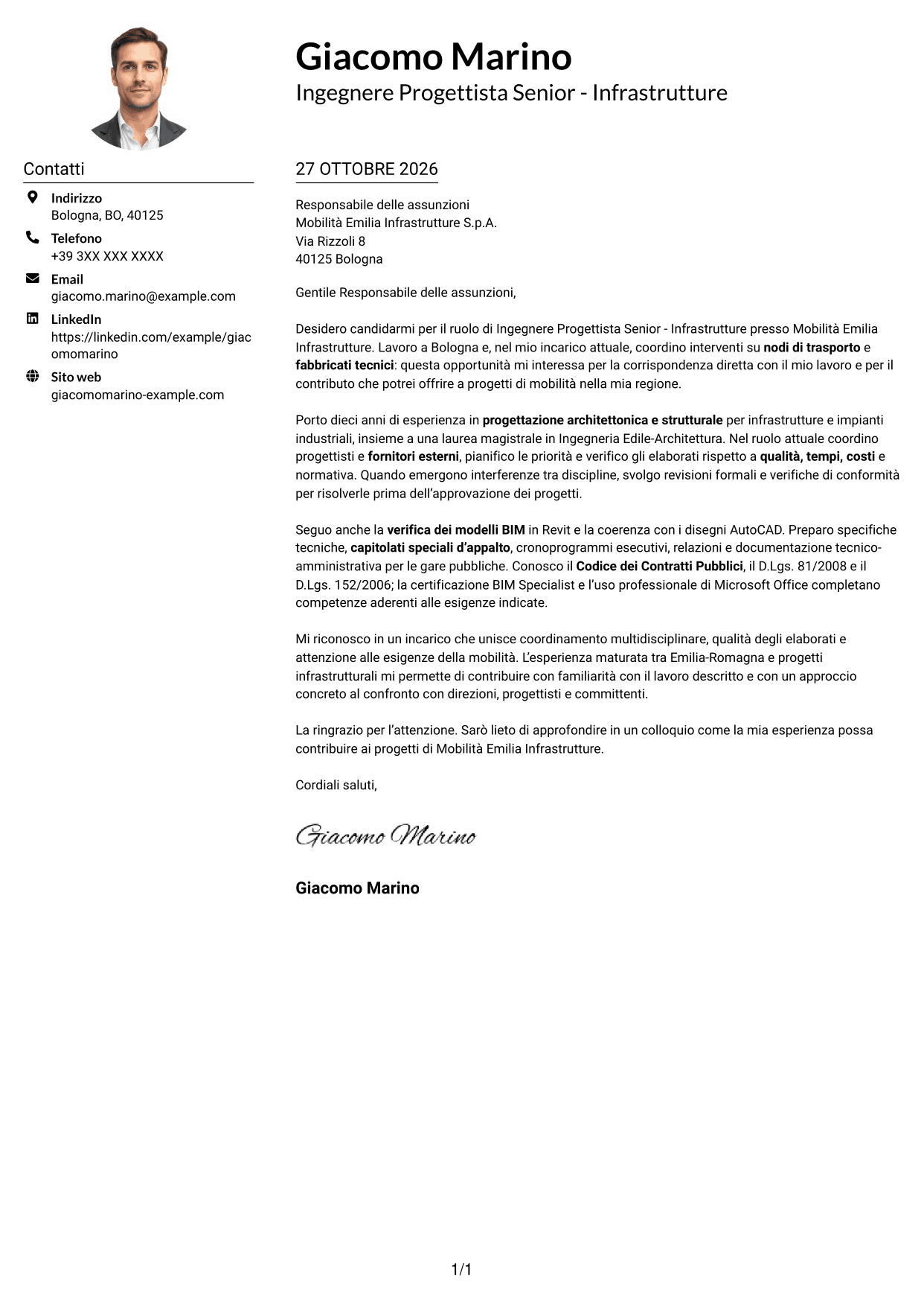 Esempio di lettera di presentazione — pagina 1