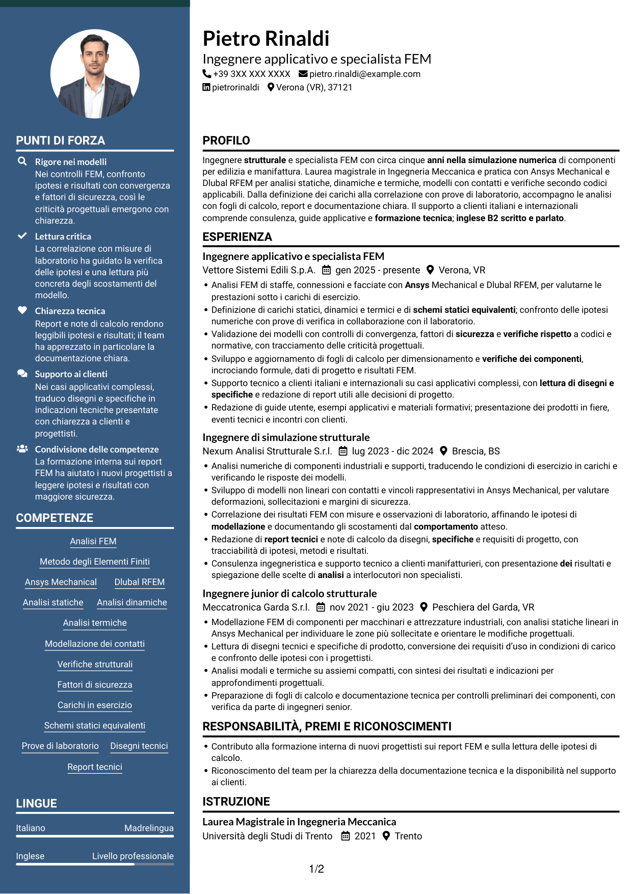 CV Elegante (formato con colonna laterale colorata e foto): Ingegnere strutturale - Specialista FEM, pagina 1