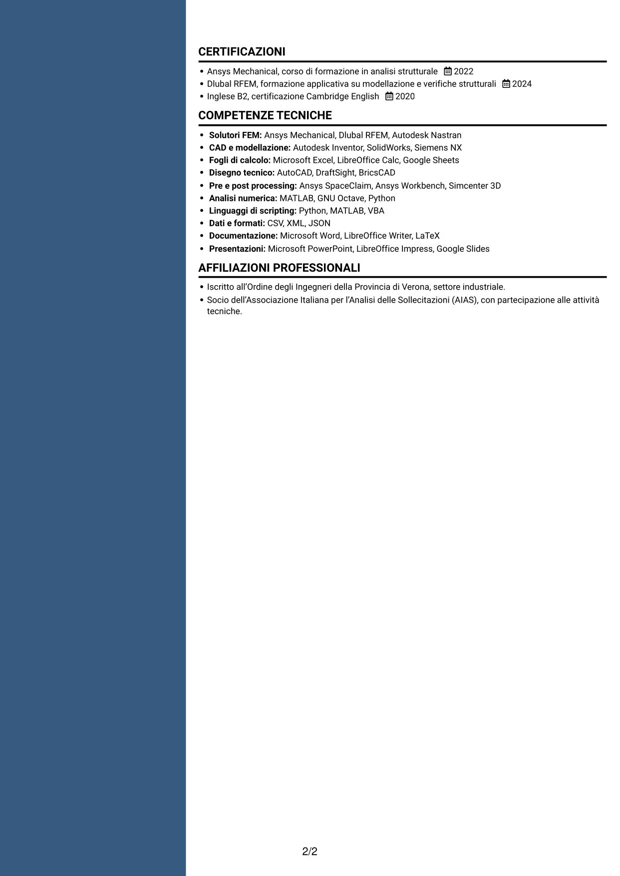 CV Elegante (formato con colonna laterale colorata e foto): Ingegnere strutturale - Specialista FEM, pagina 2