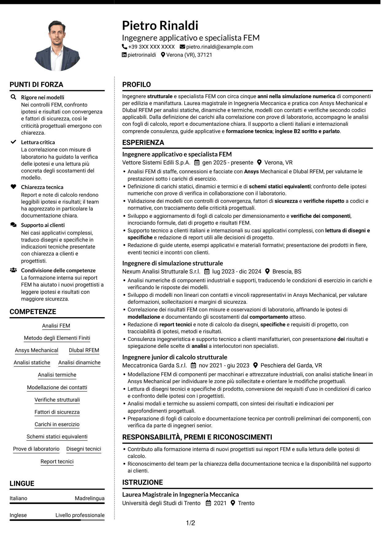 CV Moderno (formato a due colonne con foto a sinistra e separatore): Ingegnere strutturale - Specialista FEM, pagina 1
