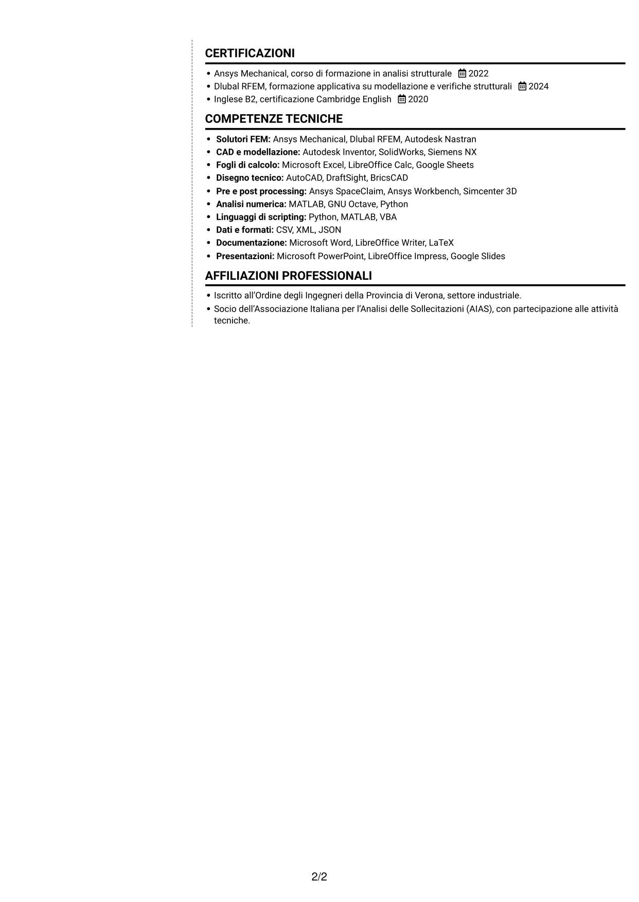 CV Moderno (formato a due colonne con foto a sinistra e separatore): Ingegnere strutturale - Specialista FEM, pagina 2