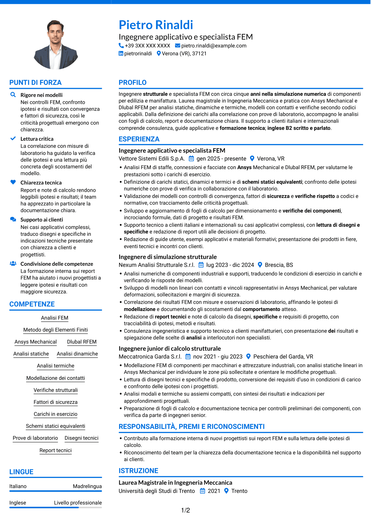 CV Audace (formato a due colonne con accenti colorati e foto): Ingegnere strutturale - Specialista FEM, pagina 1
