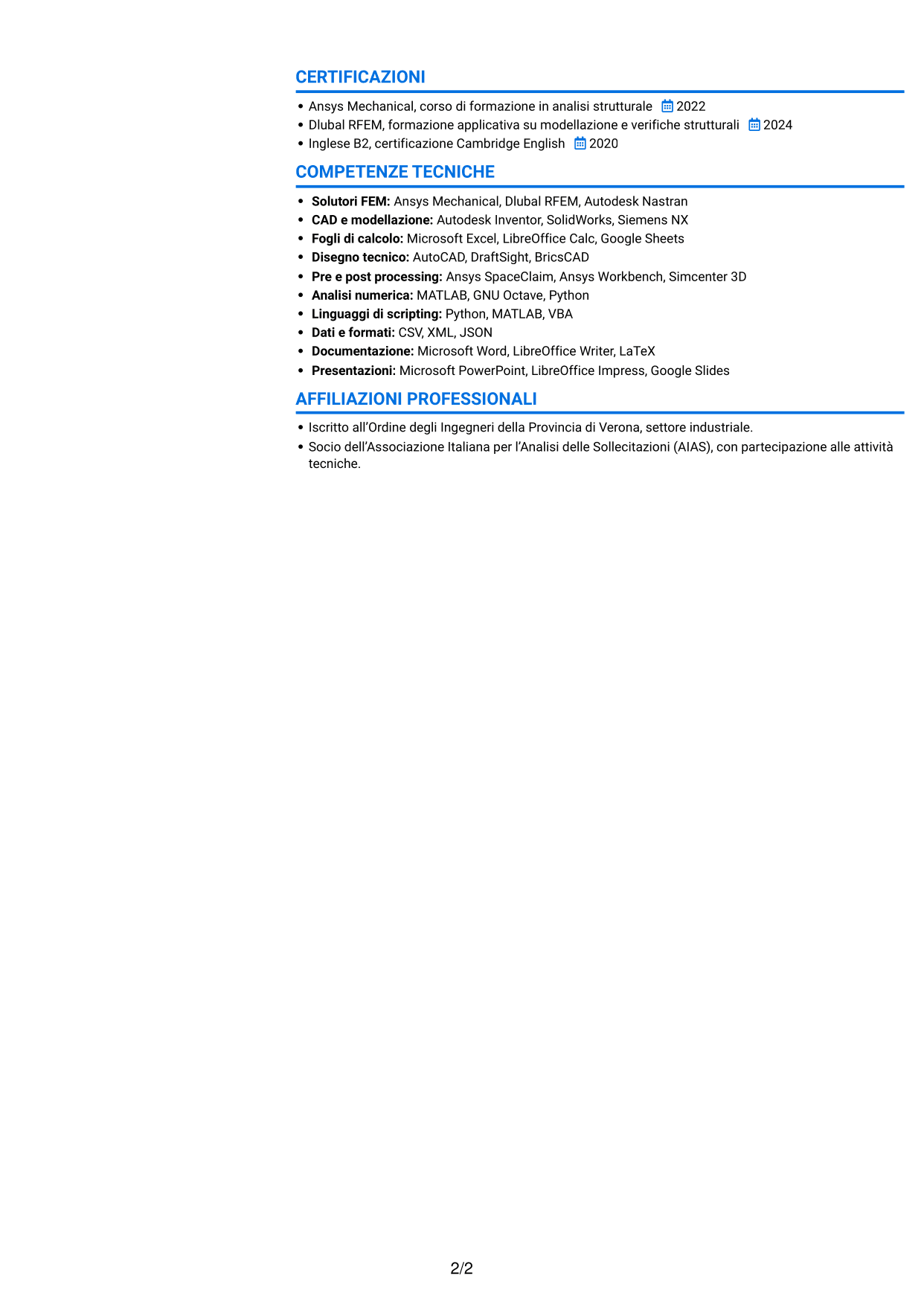 CV Audace (formato a due colonne con accenti colorati e foto): Ingegnere strutturale - Specialista FEM, pagina 2