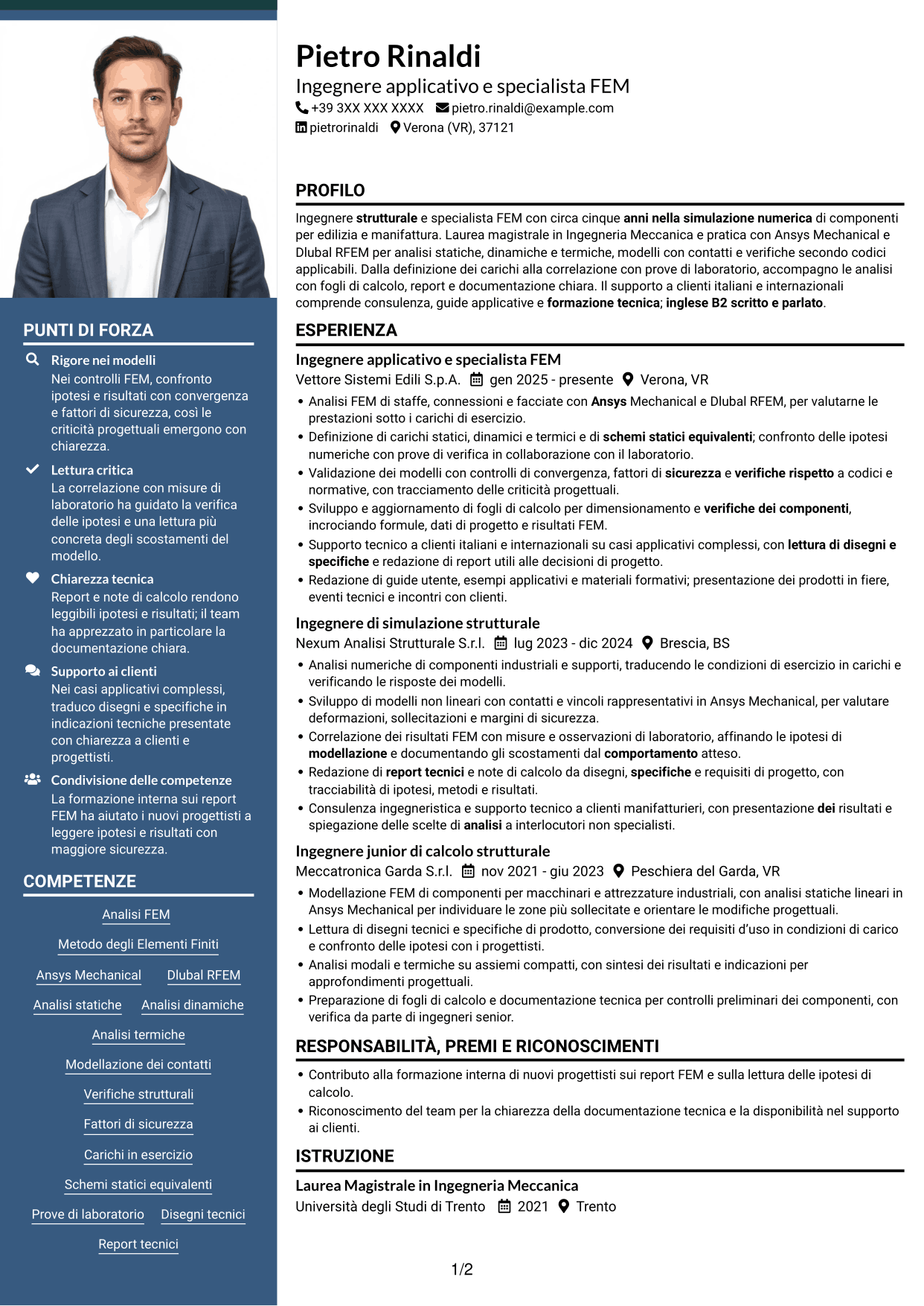 CV Signature (formato con colonna laterale colorata e foto grande): Ingegnere strutturale - Specialista FEM, pagina 1