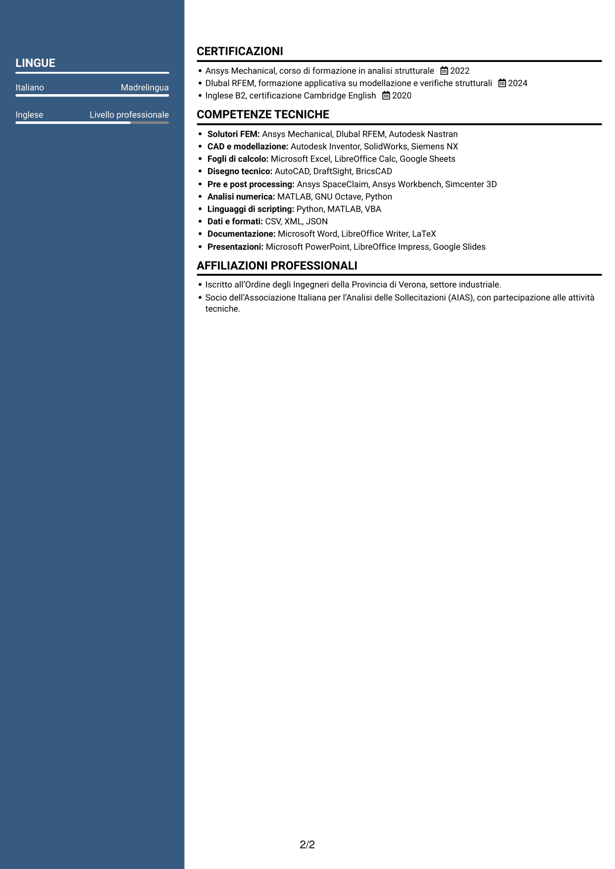 CV Signature (formato con colonna laterale colorata e foto grande): Ingegnere strutturale - Specialista FEM, pagina 2