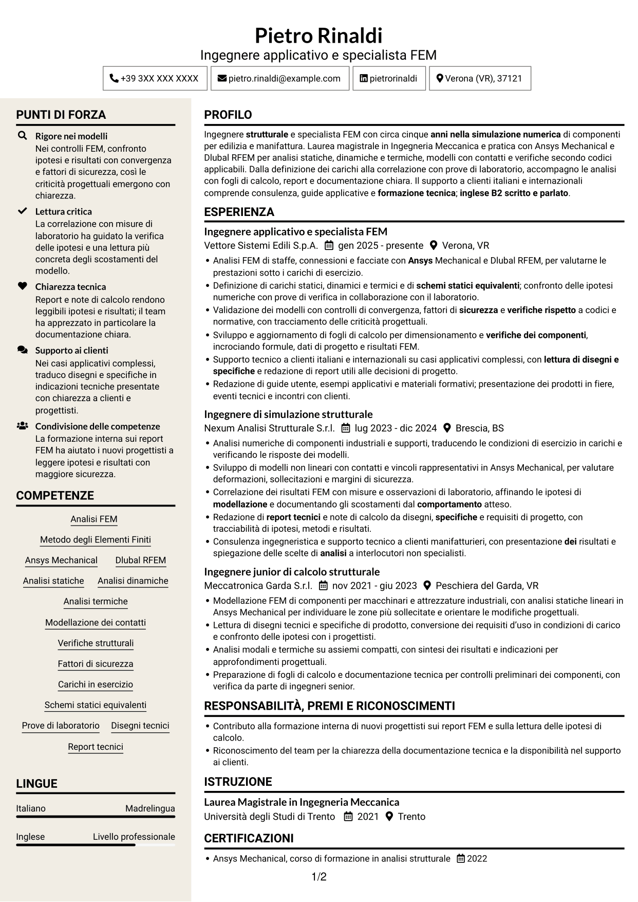 CV Intraprendente (formato a due colonne con intestazione centrata senza foto): Ingegnere strutturale - Specialista FEM, pagina 1