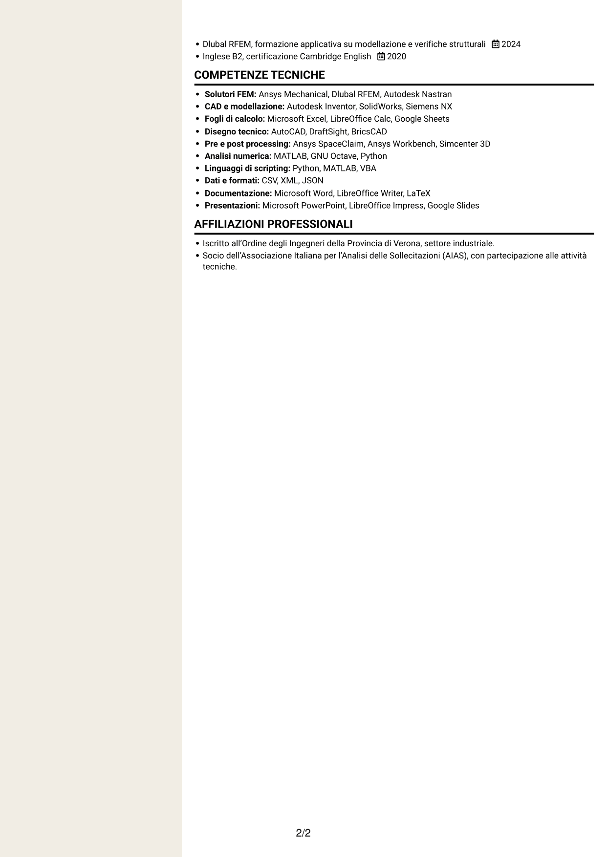 CV Intraprendente (formato a due colonne con intestazione centrata senza foto): Ingegnere strutturale - Specialista FEM, pagina 2