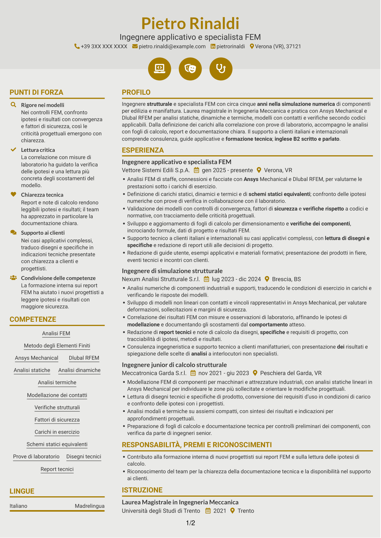 CV Dinamico (formato a due colonne con icone): Ingegnere strutturale - Specialista FEM, pagina 1